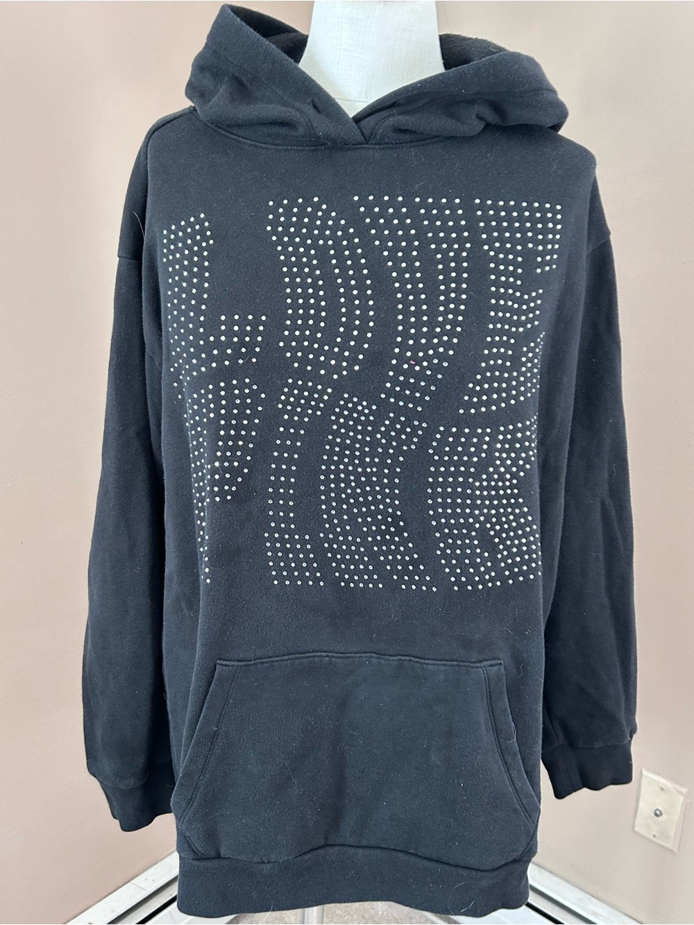 Victoria Secret Pink Y2K WARPED LOGO Bling  HOODIE SWEATSHIRT COZY Sz L black